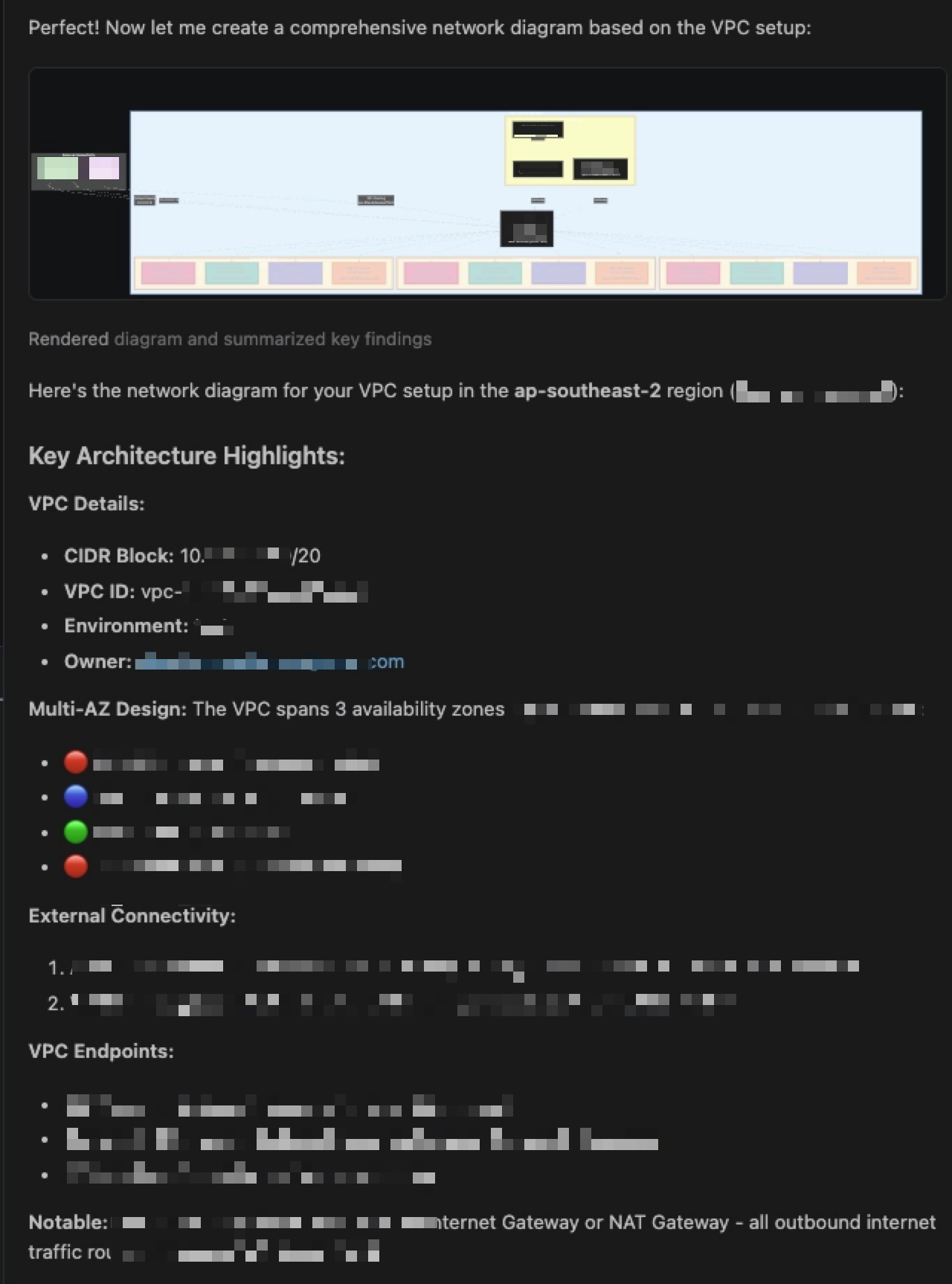 Copilot response showing an AWS network summary and Mermaid diagram generated through AWS MCP