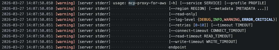 AWS MCP command arguments showing support for the –profile option
