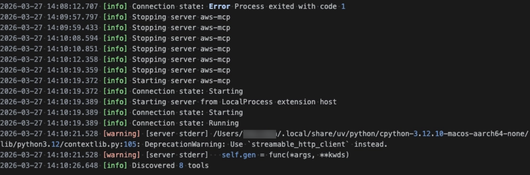 AWS MCP server starting successfully in VS Code after adding the AWS profile